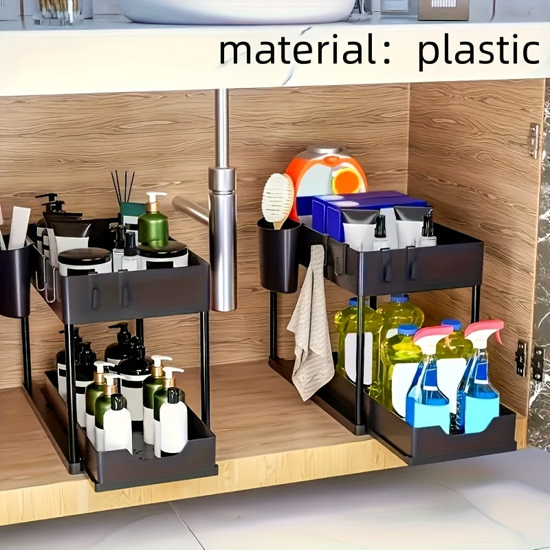 Organizador de plástico para debajo del fregadero con cesta deslizante de 2 niveles y ganchos para baño y cocina