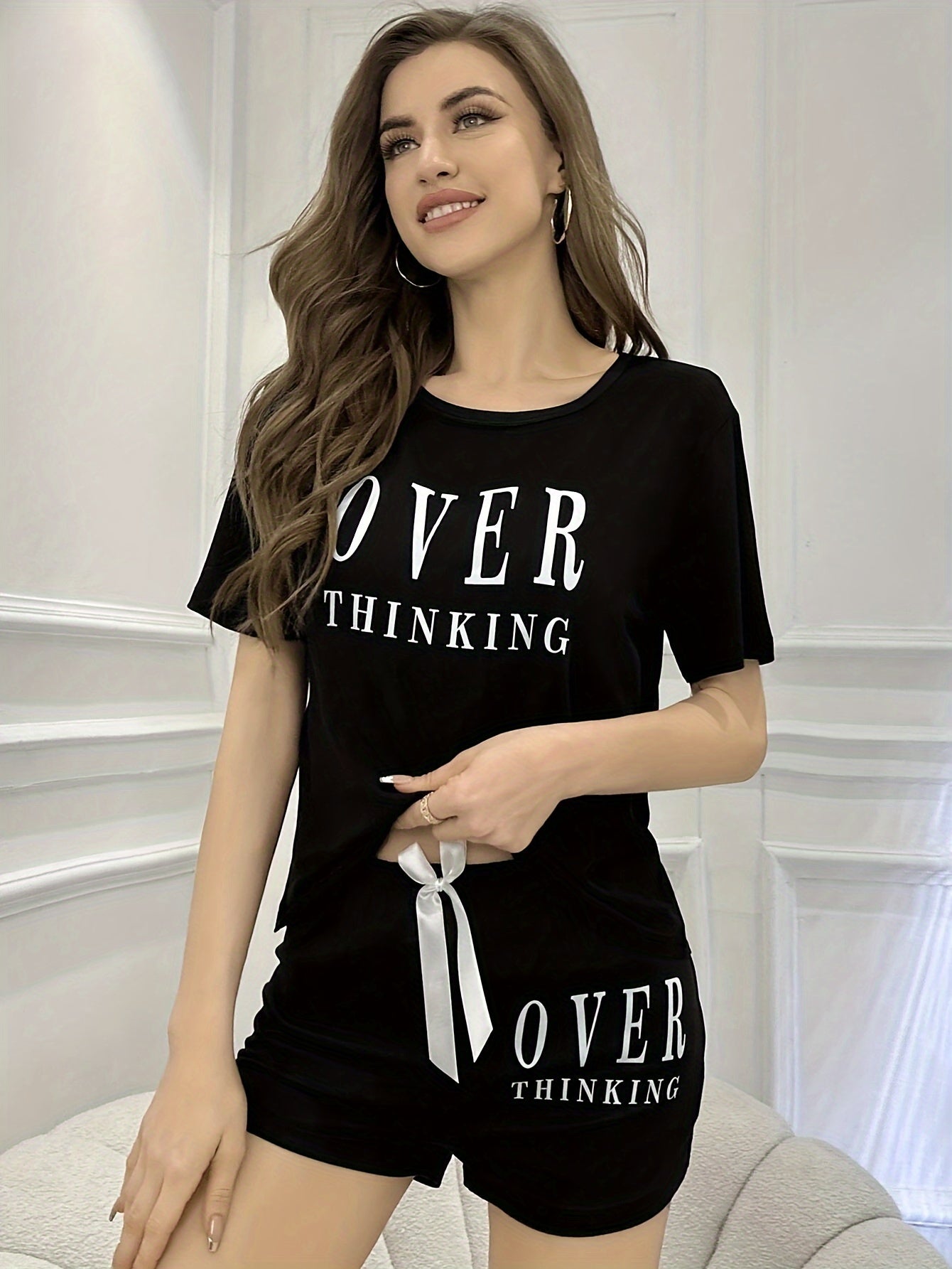 Women's Short Sleeve Pajama Set with Alphabet Print and Bow Detail