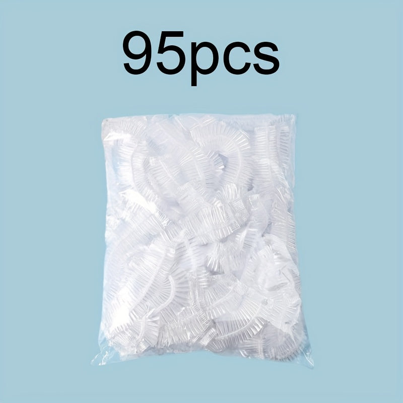 Bir martalik shaffof plastmassa dush shapkasi, 95 ta, sayohat, salon va bo'yash uchun suv o'tkazmaydigan soch kiyimlari to'plami