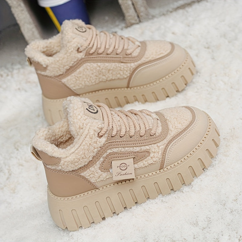 Women's Winter Snow Boots Beige Black Platform Traction Lace-Up Ankle Waterproof