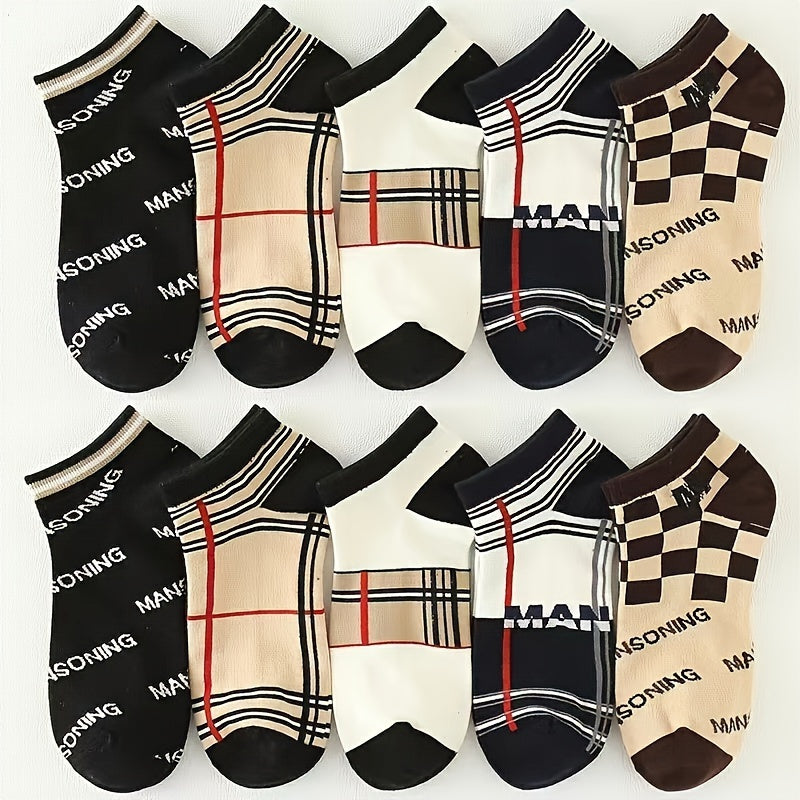 Men's Ankle Socks 10 Pairs Letter Pattern Breathable Polyester Blend Low-Cut