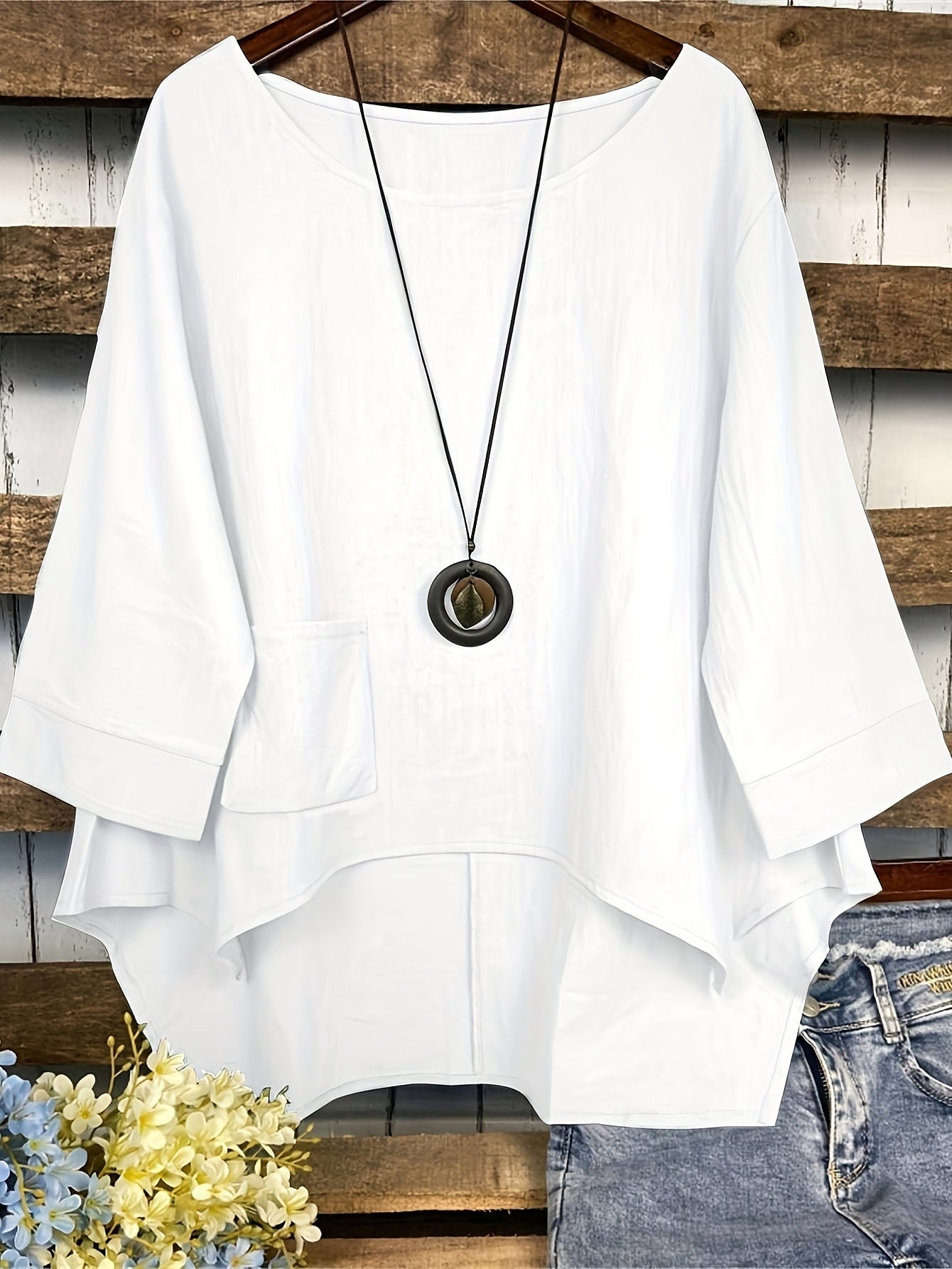 Women's Casual Cotton Crew Neck Blouse with Pocket for Spring Fall