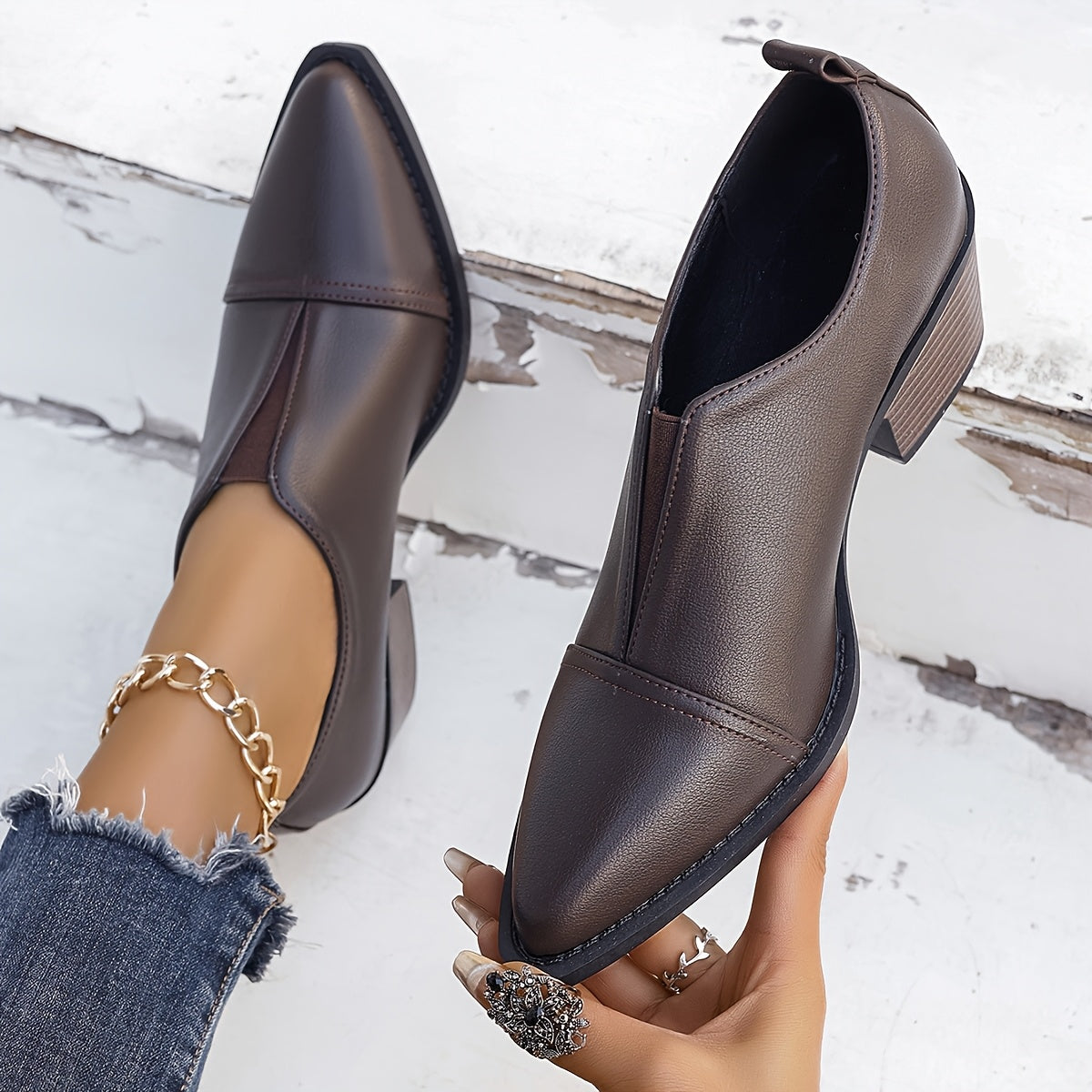 Women Black Pointed Toe Ankle Boots Slip-On Block Heel Casual All-Season