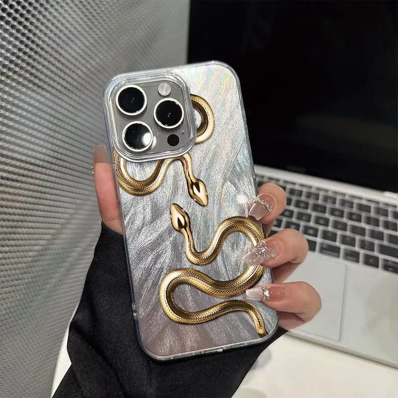 Transparent iPhone Case with Feather-Like Fabric and Gold Snake Design for 12-16 Pro Max