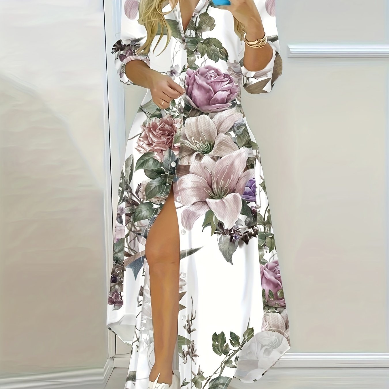 Ayollar uchun uzun qo'lqonli ko'ylak, nafis gullar bosma, V-shakl, tugmachali, engil polyester - bahor/kovak ta'tillari uchun mukammal.