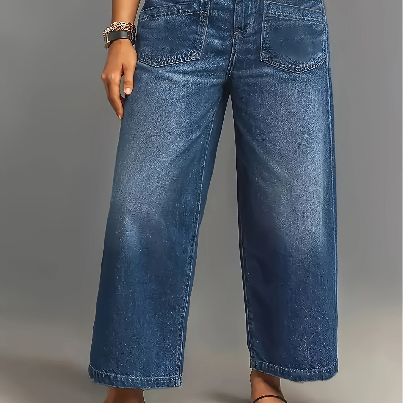 Women's High-Stretch Wide Leg Denim Jeans with Slash Pockets and Button Closure