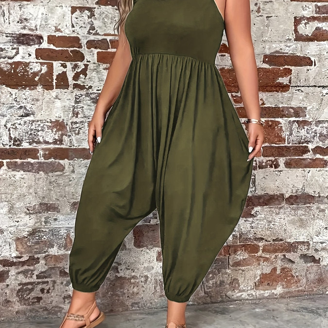 Plus Size Women's Sleeveless Jumpsuit V-Neck Wide Leg Solid Casual Summer