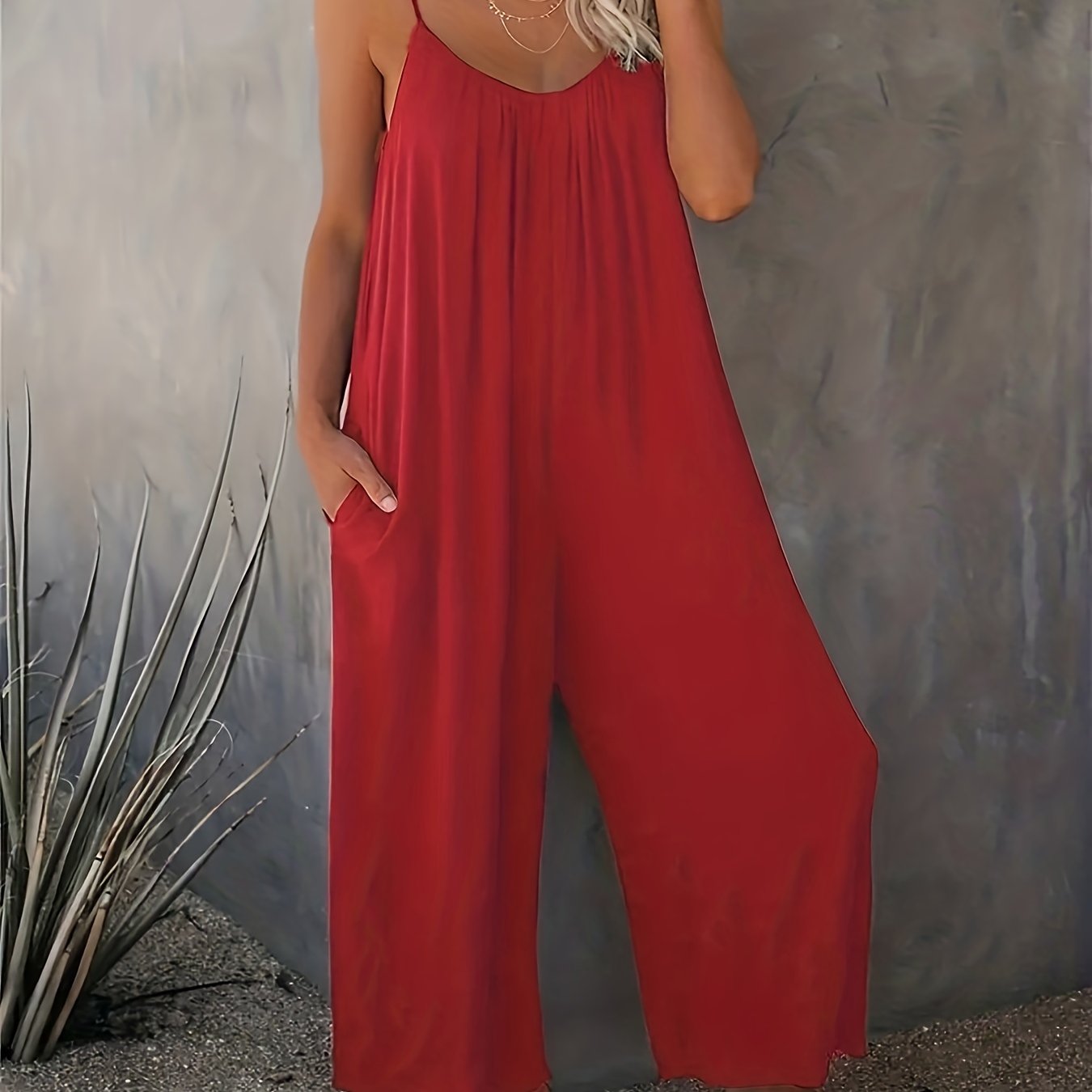 Women's Summer Maroon Cami Jumpsuit with Pockets Solid Color Stretchy Polyester Spandex