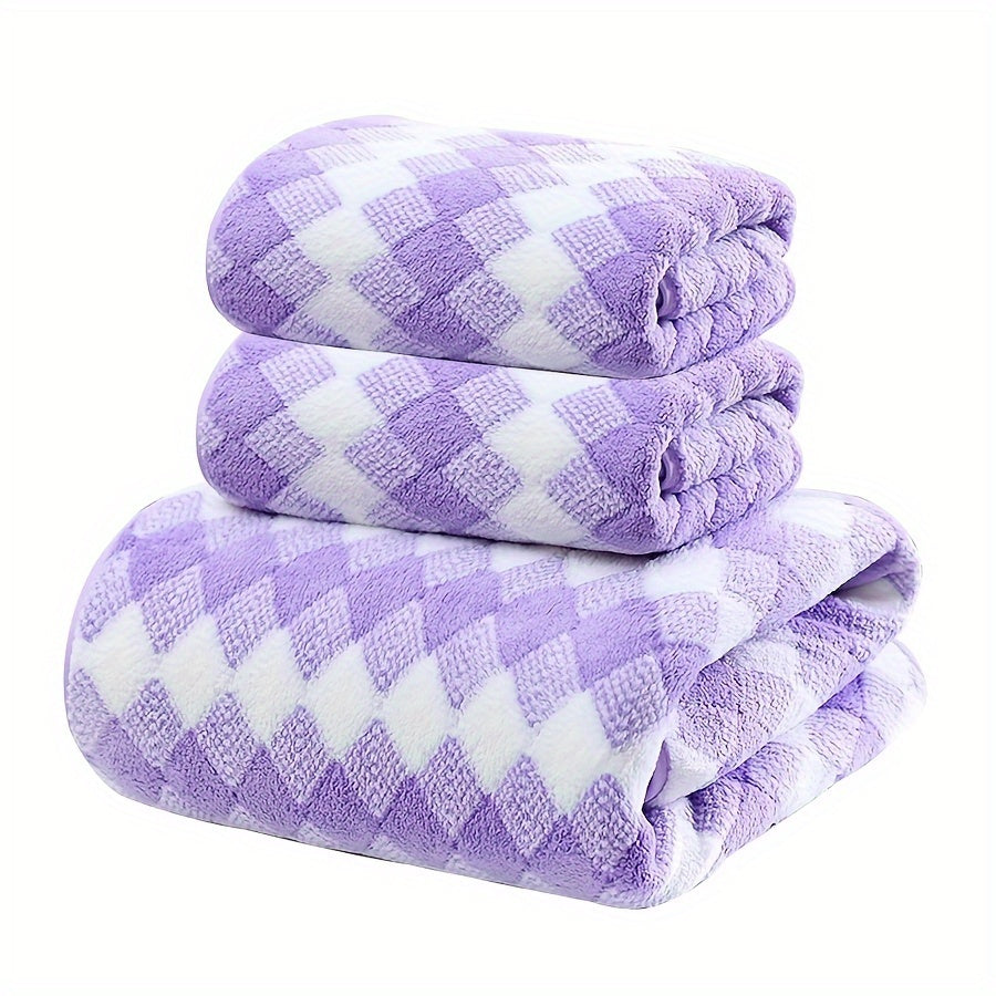 Plaid Pattern Towel Set Coral Velvet 2 Bath Towels 1 Hand Towel Absorbent