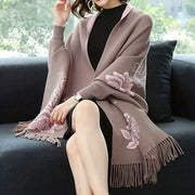 Women's Reversible Jacquard Warm Cape Shawl with Brooch Stylish Wrap