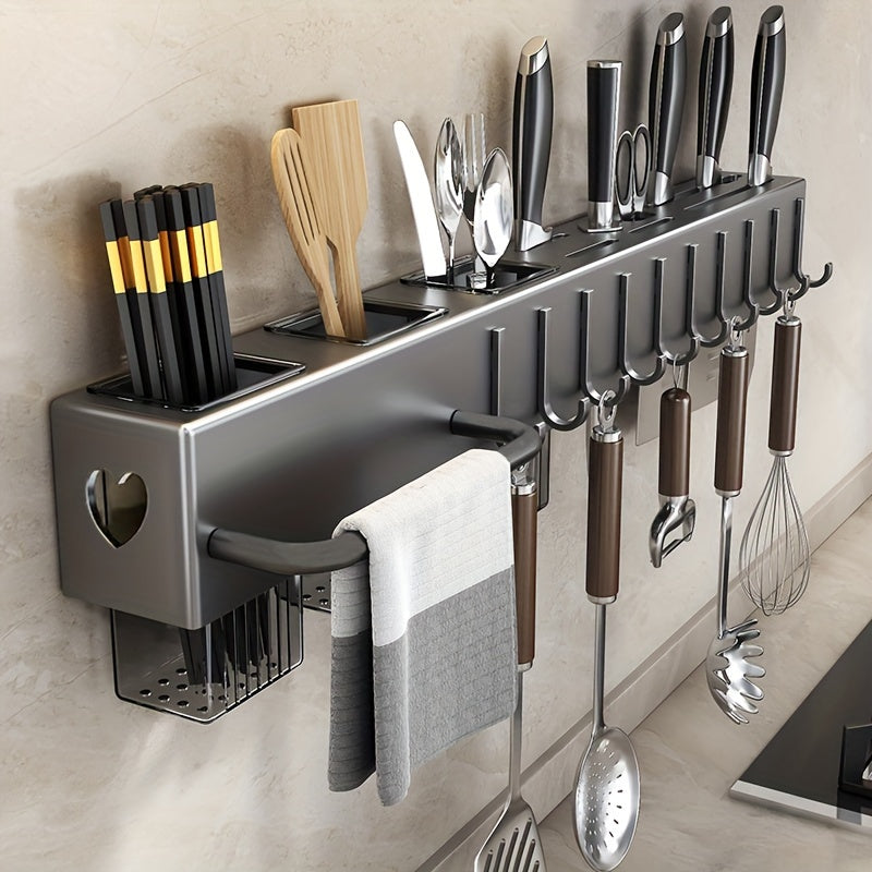 Wall-Mounted Kitchen Organizer No Drilling Knife Utensil Holder Multi-Functional Storage