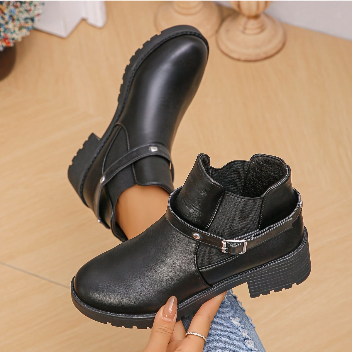 Women's Black Faux Leather Ankle Boots With Chunky Heel