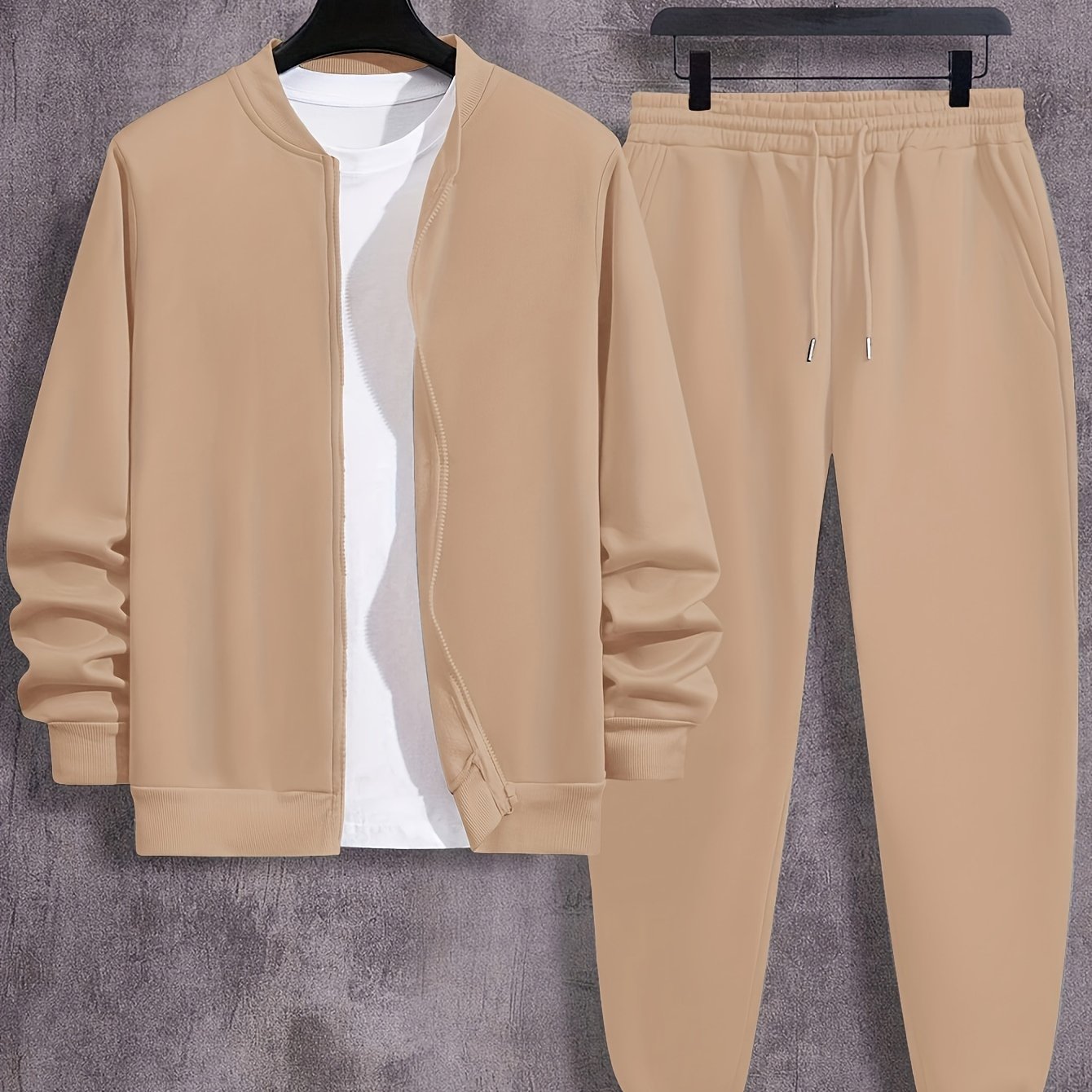 Men's Plus Size Casual Sweatsuit Set with Collared Neck Polyester Knit Solid