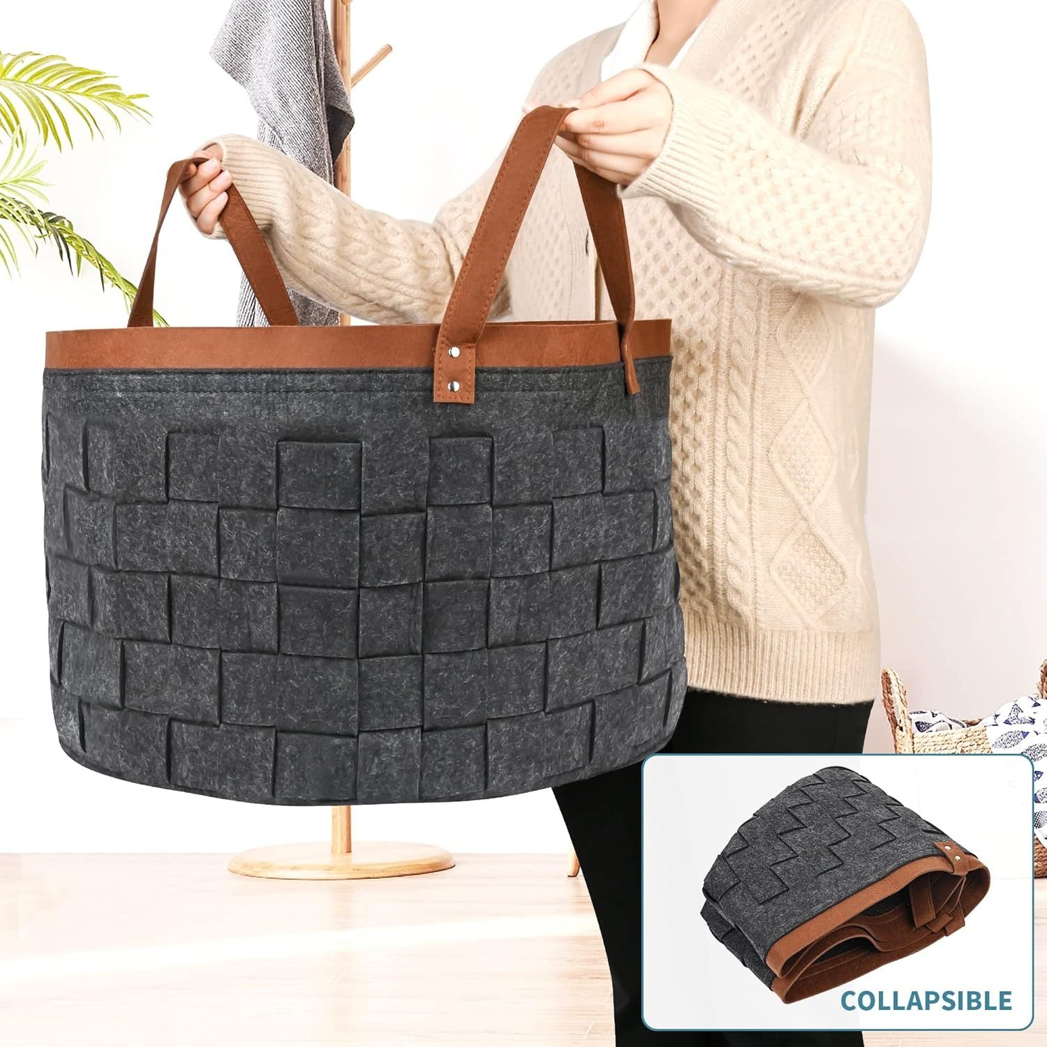 Felt Firewood Basket Collapsible Storage for Logs Clothes Books Black