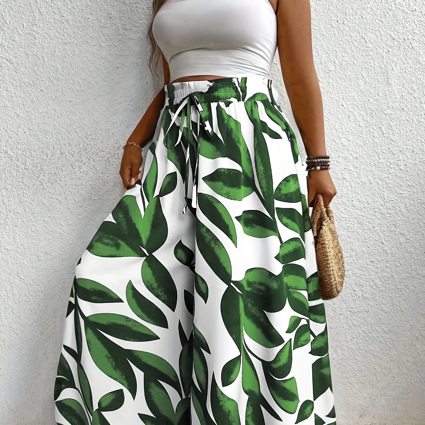 Women's Plus Size Tropical Floral Wide Leg Pants High Waist Casual Opaque