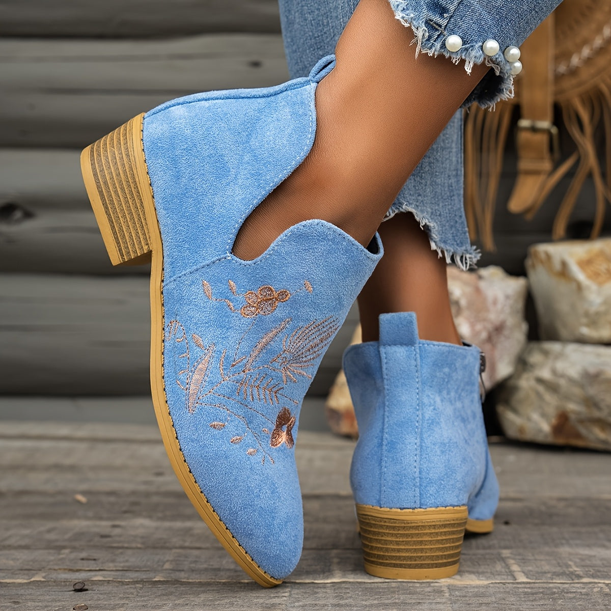 Women's Floral Embroidered Ankle Boots Low Heel Side Zipper Casual Short Boots