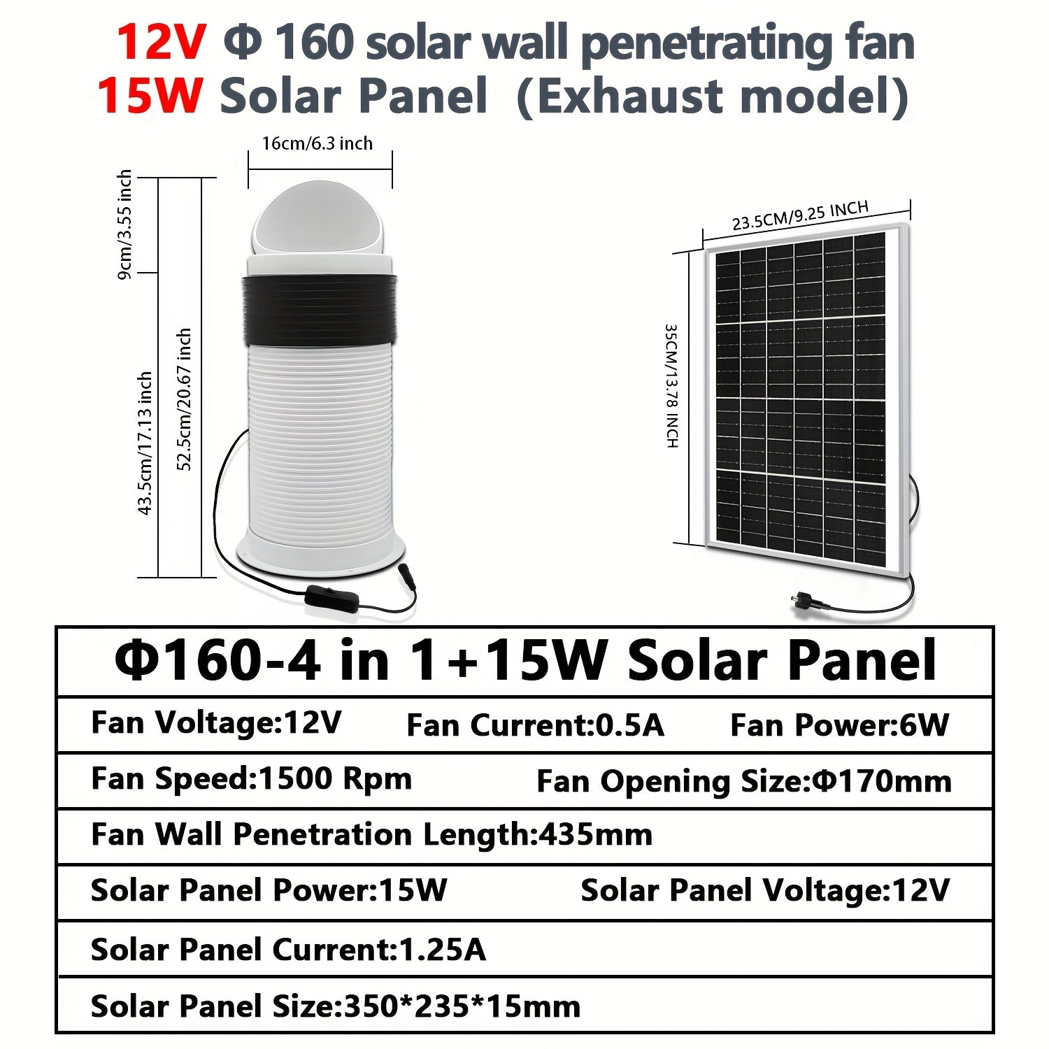 Solar Ventilation Fan Kit 15W Solar Panel with Removable Pipes for Home Exhaust