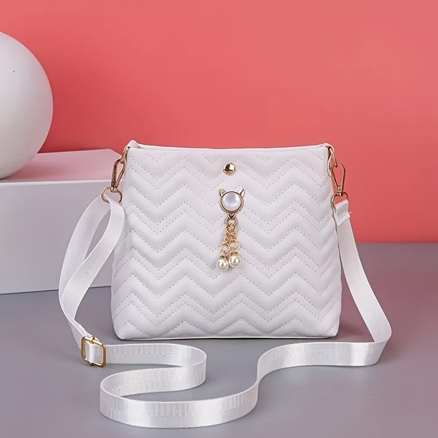 Women's Quilted Crossbody Bag with Chevron Pattern Pearl Pendant and Gold Accents in Multiple Colors