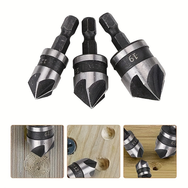 3Pcs Countersink Drill Bits Set, 90° Chamfer For Wood Plastic Aluminum