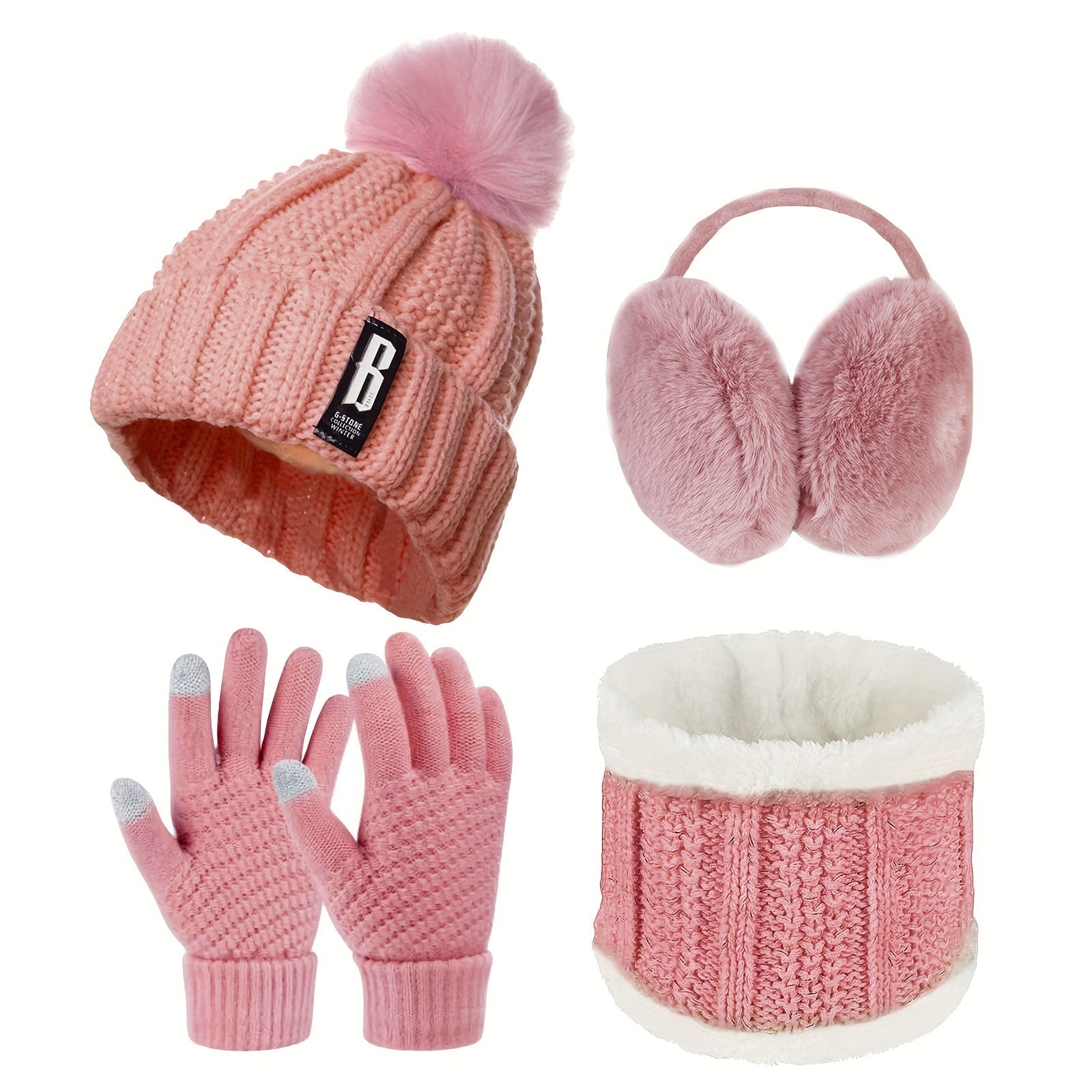 Winter Accessories Set for Women Polyester Knitted Beanie Hat Ear Warmers Gloves Scarf