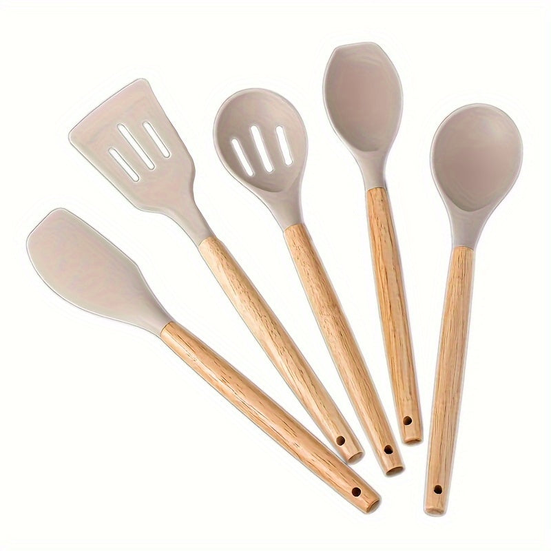 Set of 5 Non-Stick Kitchen Utensils with Wooden Handles for Cooking and Baking