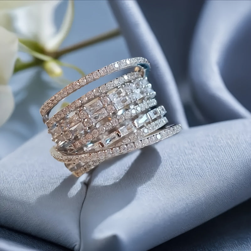 Multi-Layer Copper Ring with Synthetic Diamonds for Weddings and Parties