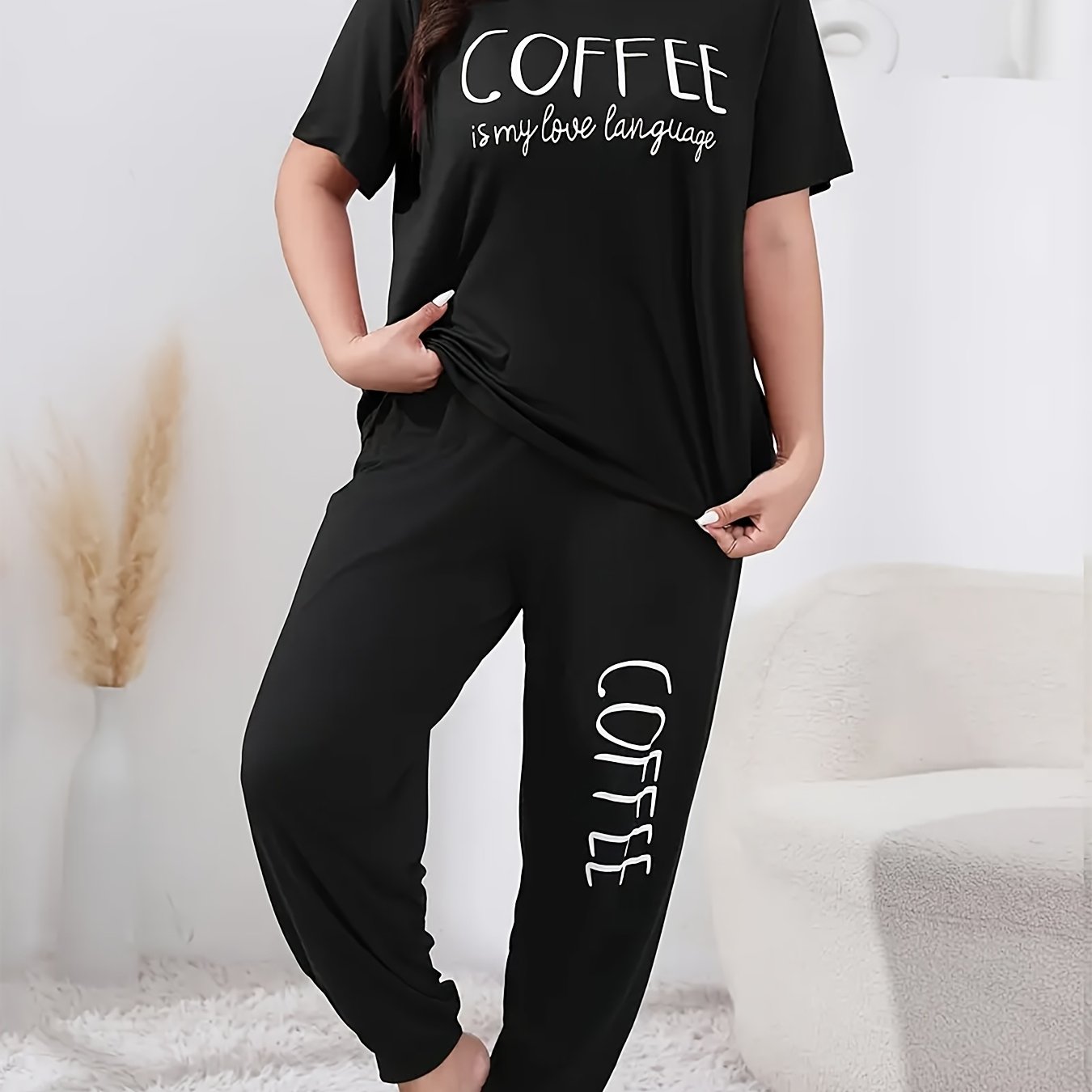 Women's Black Coffee Lover T-Shirt and Joggers Set Casual Spring Summer