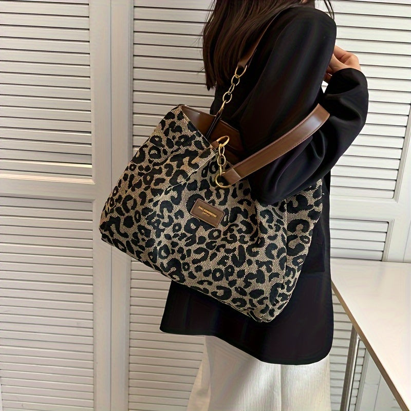 Leopard Print Canvas Tote Bag with Zipper Closure for Work School Shopping