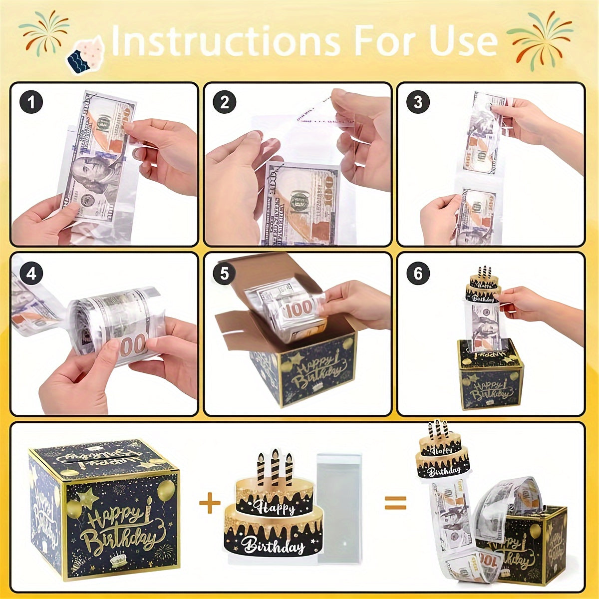 Caja de regalo extraíble para dinero de cumpleaños en negro y dorado con tarjeta de pastel para celebraciones