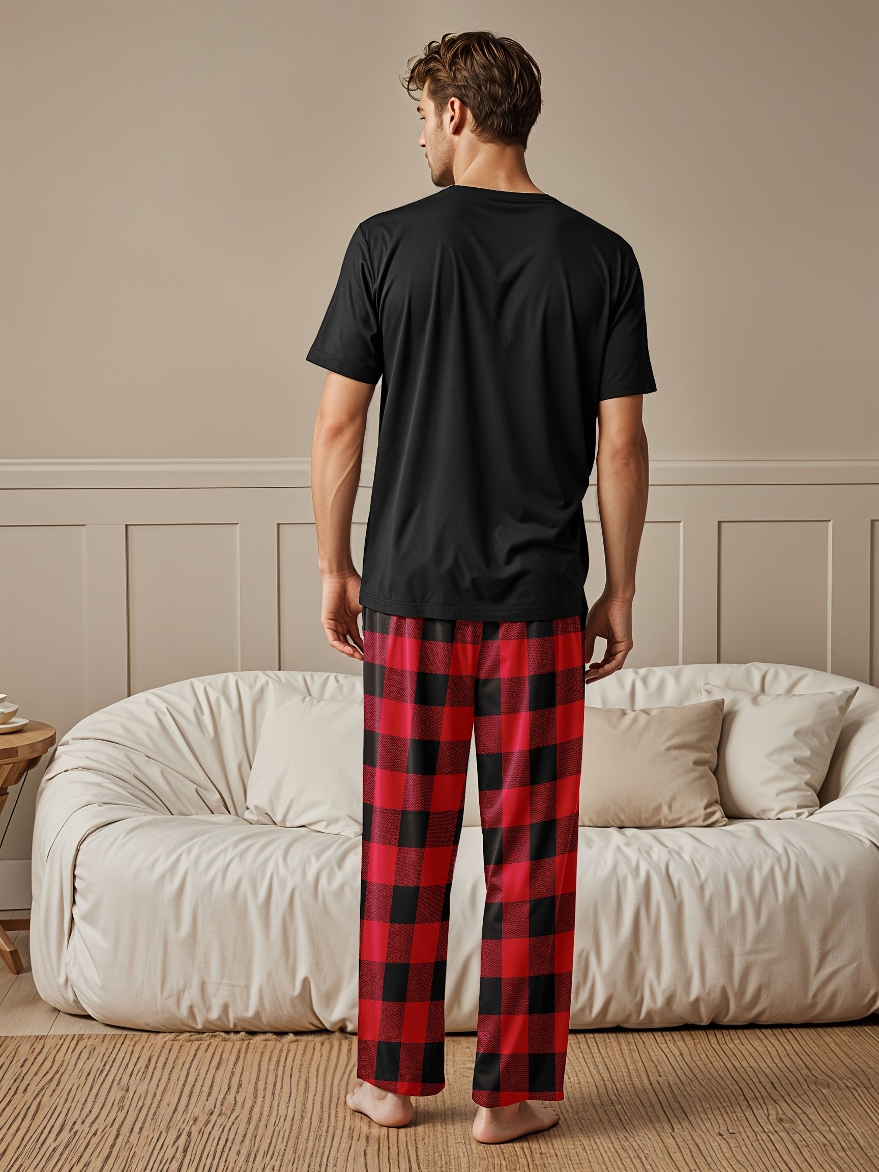 Men's and Women's Couple Pajama Set with "I Love My Girlfriend" T-Shirt and Red Checkered Pants