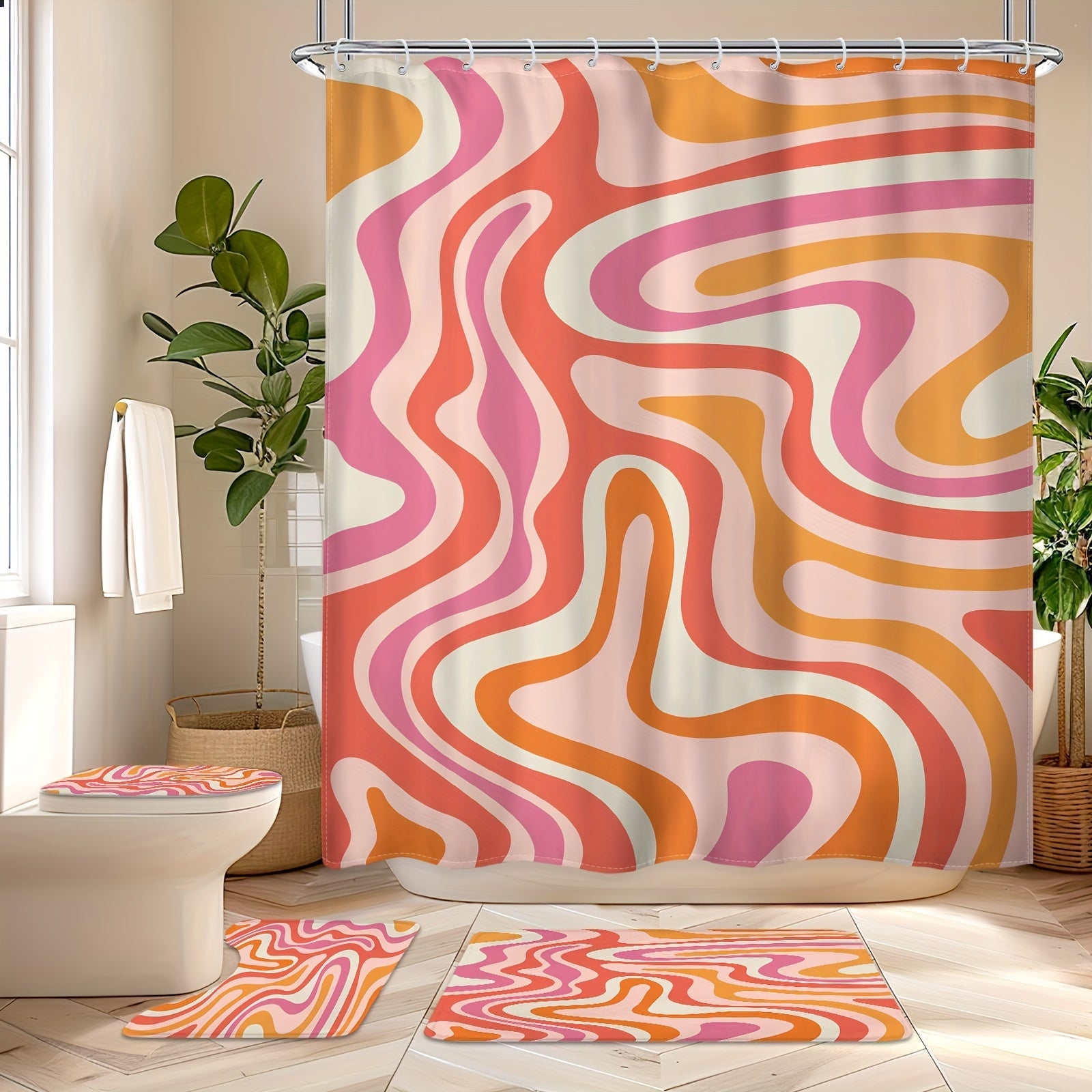 Juego de cortina de ducha retro de los años 70 con alfombrillas antideslizantes y funda para tapa de inodoro impermeable lavable a máquina decoración de baño para adolescentes