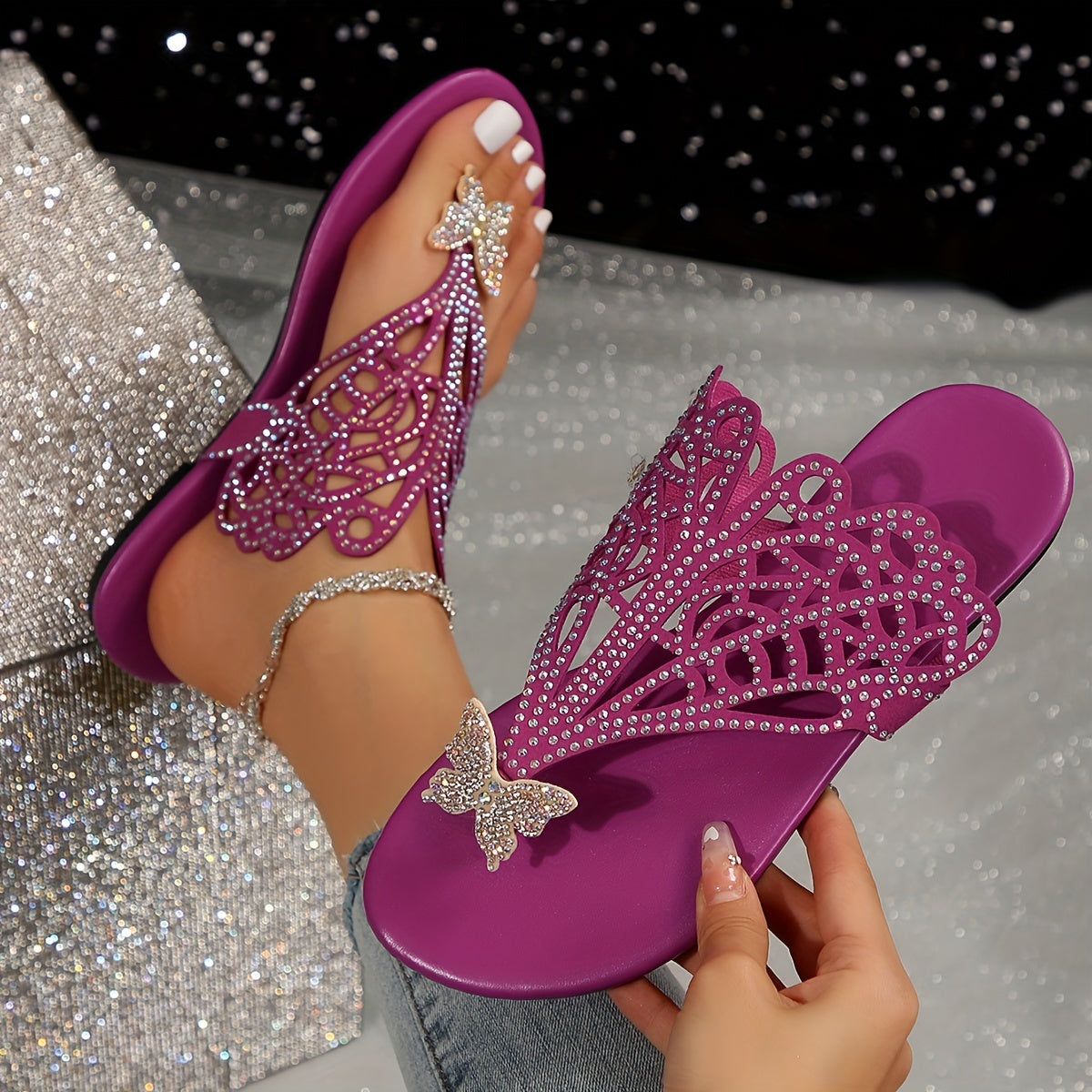 Ayollar uchun Bohemiya shampanli rhinestoneli slayd sandalki, plyaj va kundalik kiyim uchun