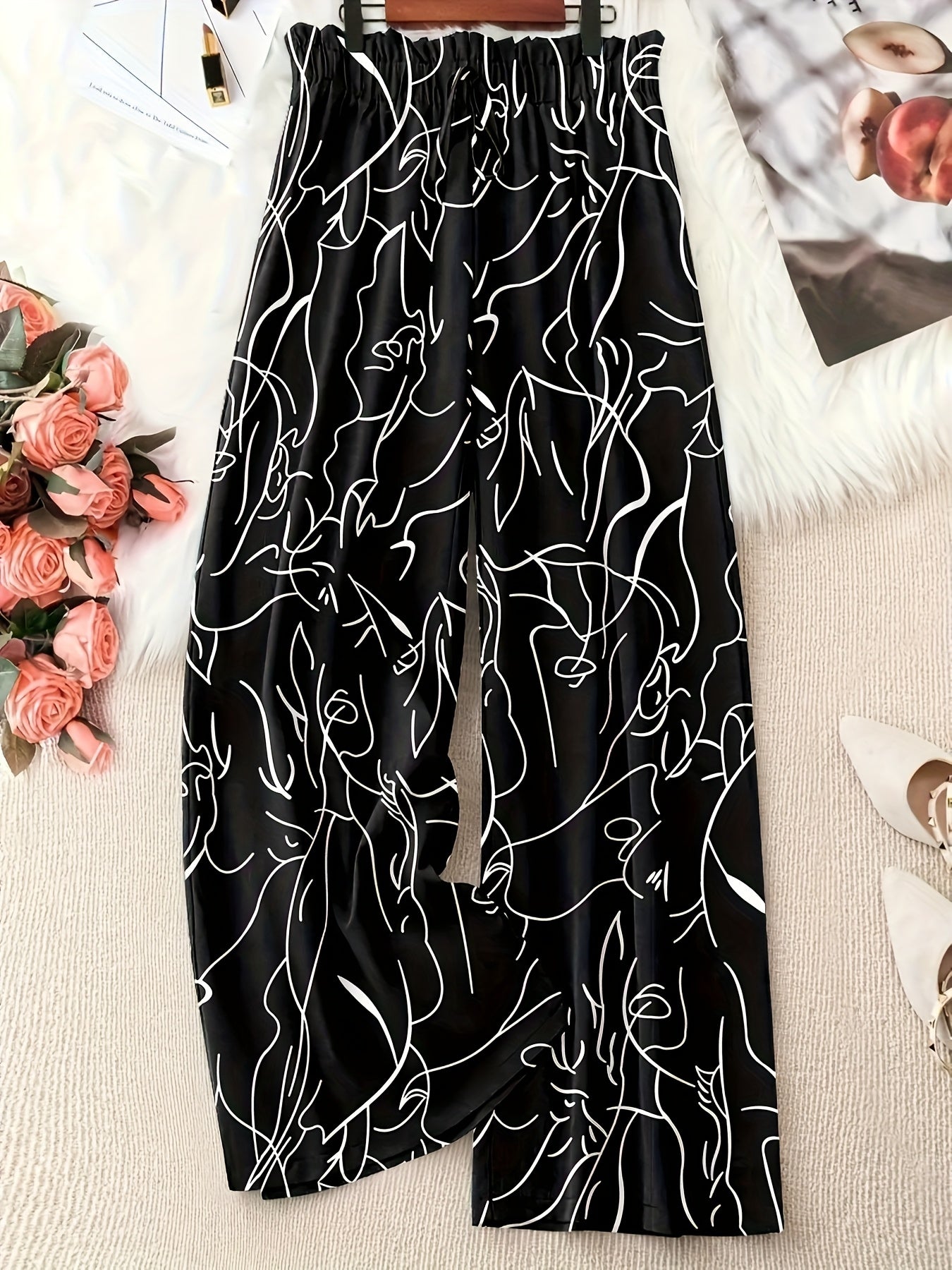 Women's Plus Size Black and White Striped Wide-Leg Pants Loose Fit Lightweight Summer Trousers