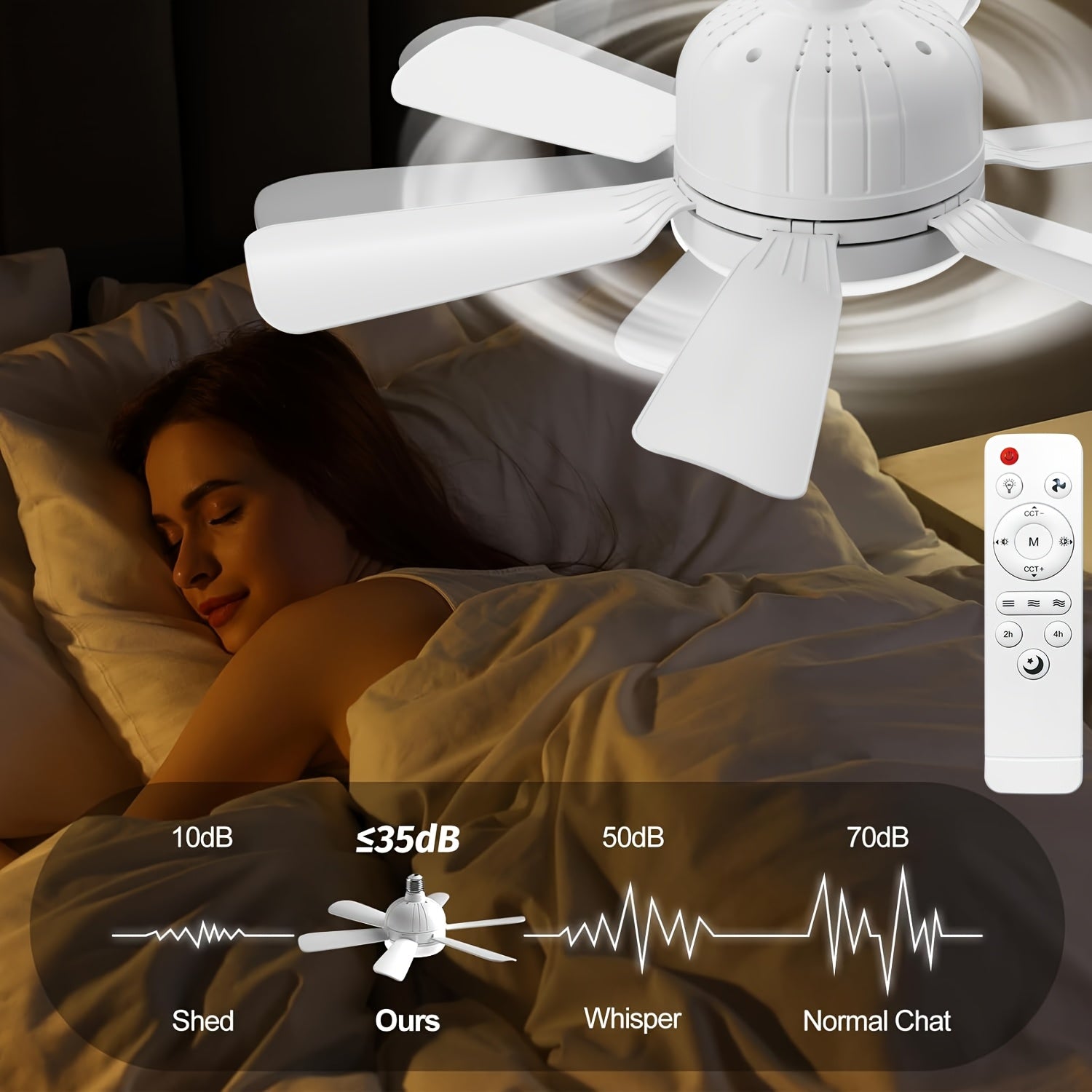 46cm shovqinsiz shiftli tavan fanati LED chiroq bilan, 6 pichoq, masofadan boshqarish, sozlanadigan oq rang, ichki foydalanish