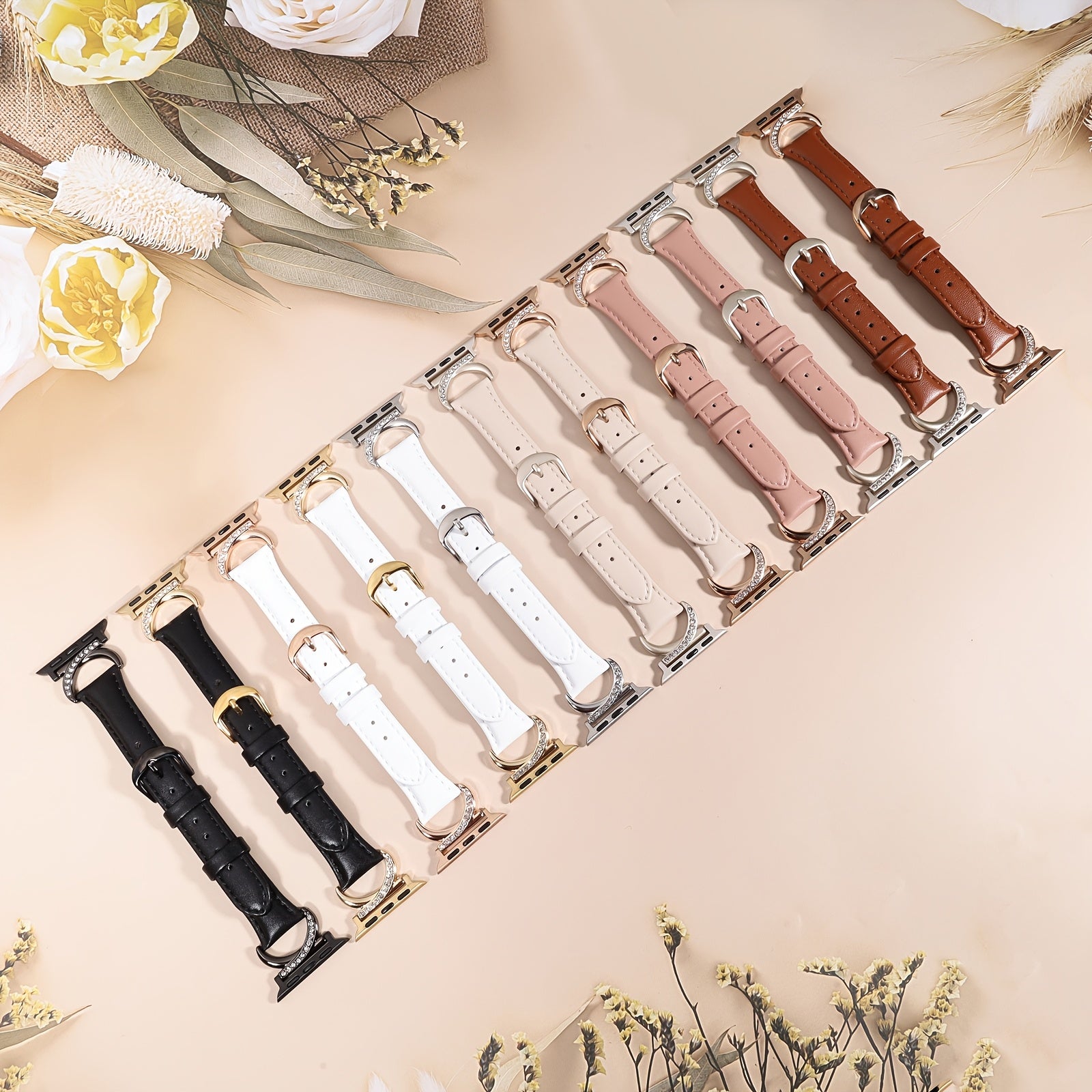 Women's Ultra-Thin Calfskin Watch Strap for Apple Watch Series 1-9 38mm-49mm Rhinestone Design