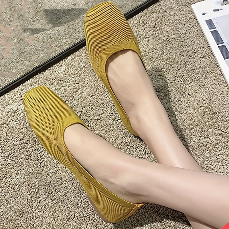 Women's Knit Flat Shoes Breathable Slip-On Square Toe Ballet Flats
