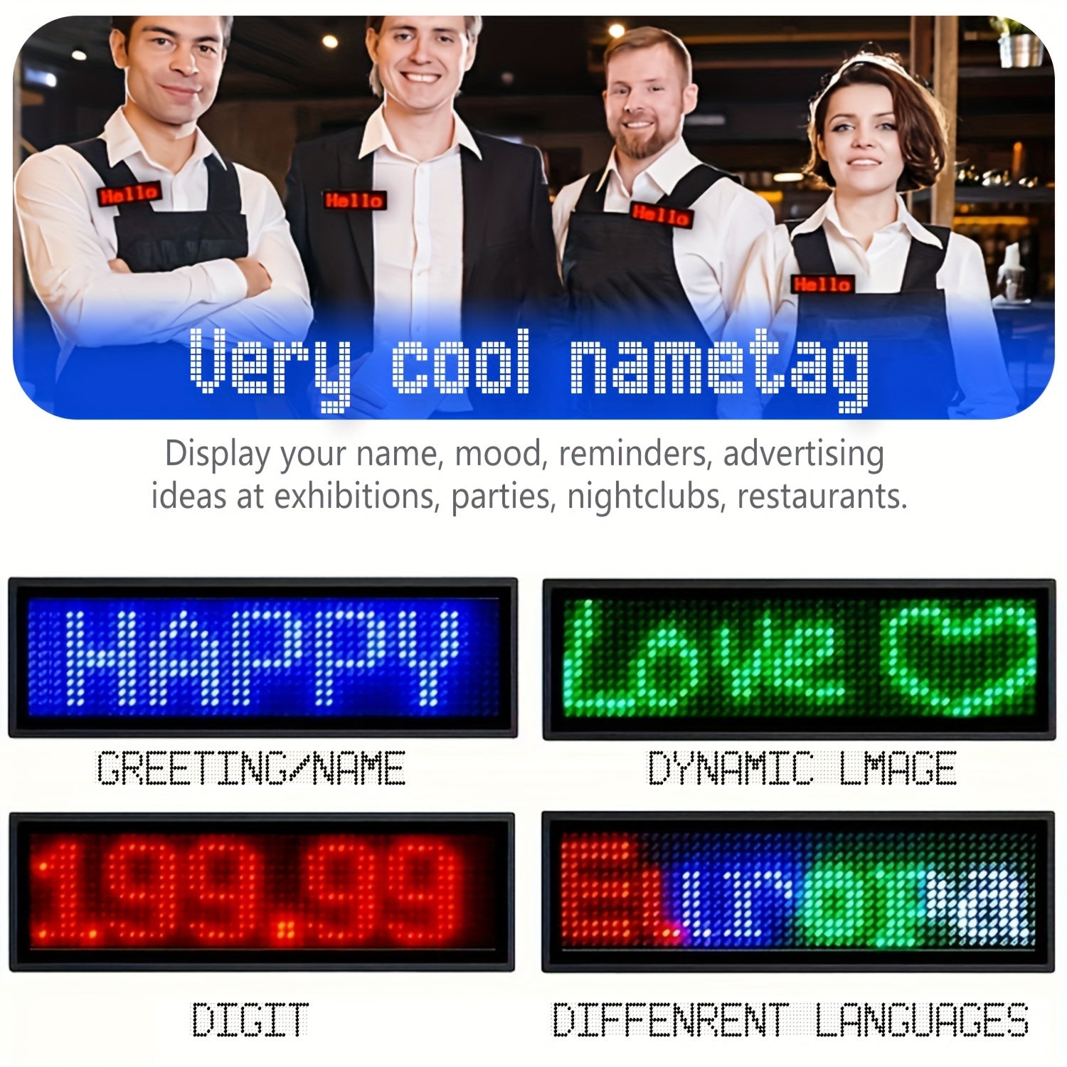 Rechargeable Wireless LED Badge 48x12 Pixel Matrix Display App-Controlled Customizable for Events Nightclubs Hotels