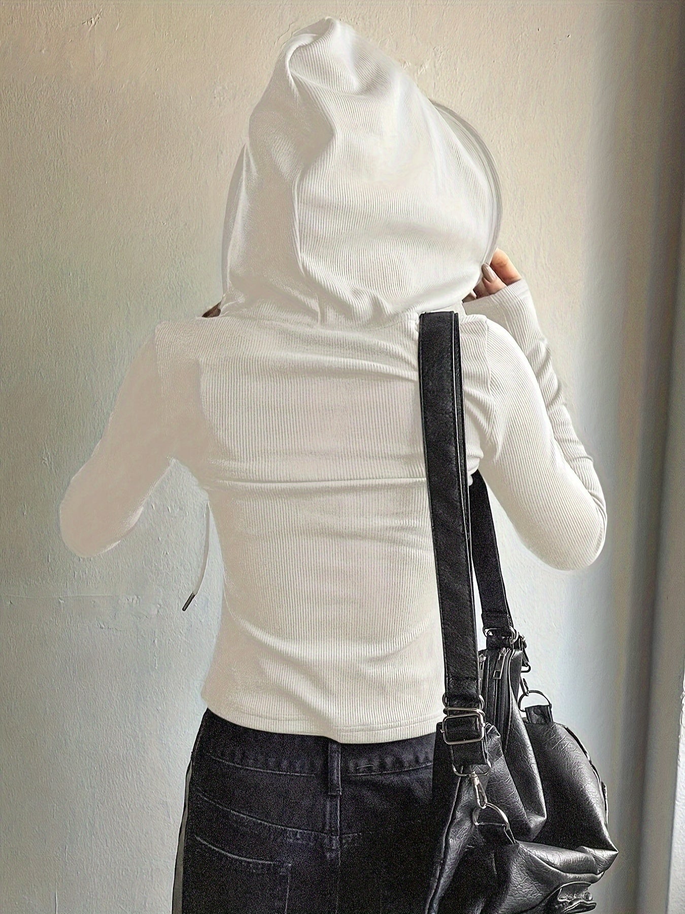 Women's Light Gray Hooded Crop Top with Drawstring, Polyester Blend, Spring Fall Casual