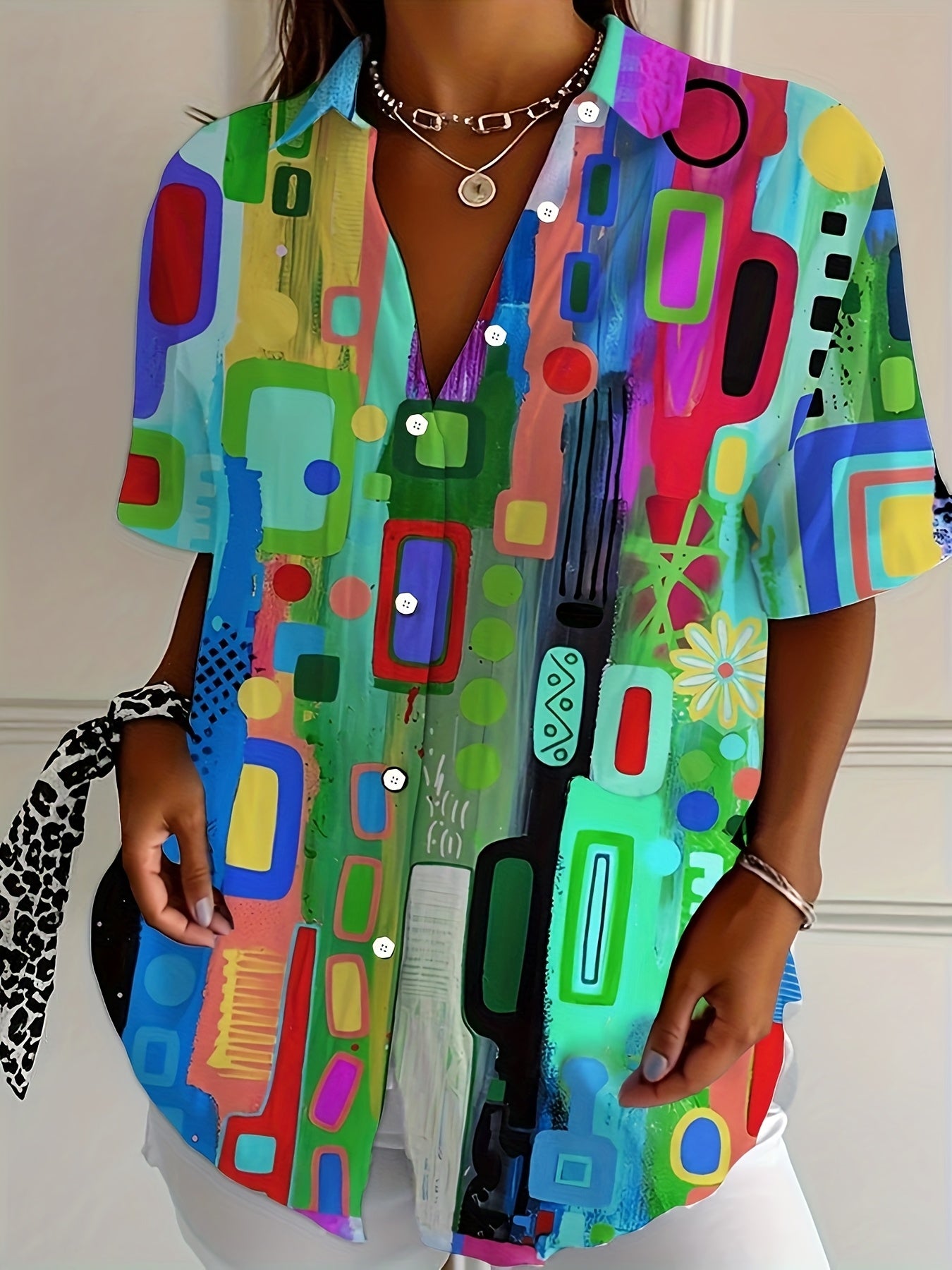 Plus Size Women's Short Sleeve Blouse Vibrant Digital Print Colorful Abstract