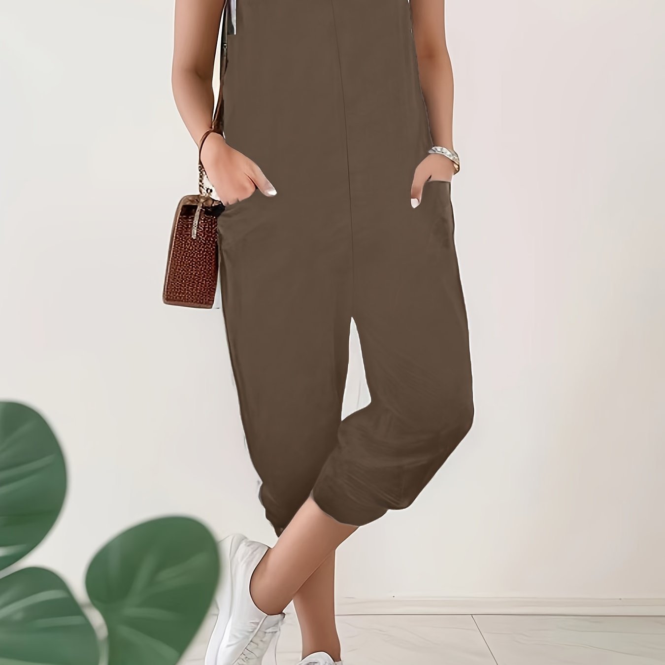 Women's Plus Size Solid Pocket Jumpsuit V-Neck Casual Summer Overall