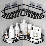 Black Wall-Mounted Bathroom Storage Rack with Hooks and Adhesive