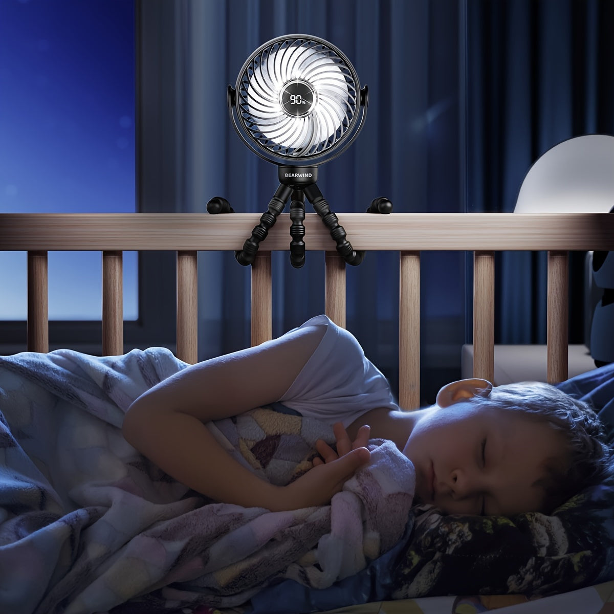 Portable USB Fan with LED Night Light, Rechargeable Battery, Touch Control, Clamp-On for Car Seat and Stroller