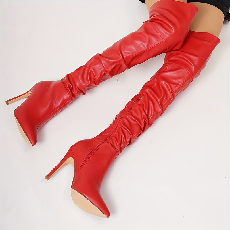 Women's Leather Pleated Stiletto Heel Over Knee Boots