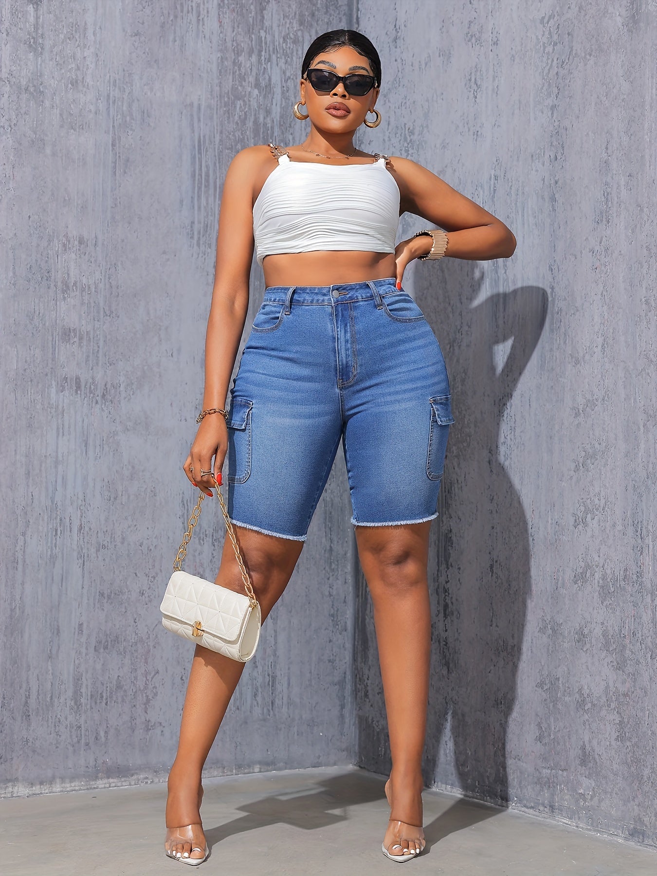 Women's Plus Size Denim Cargo Bermuda Shorts Blue Frayed Hem Pocket