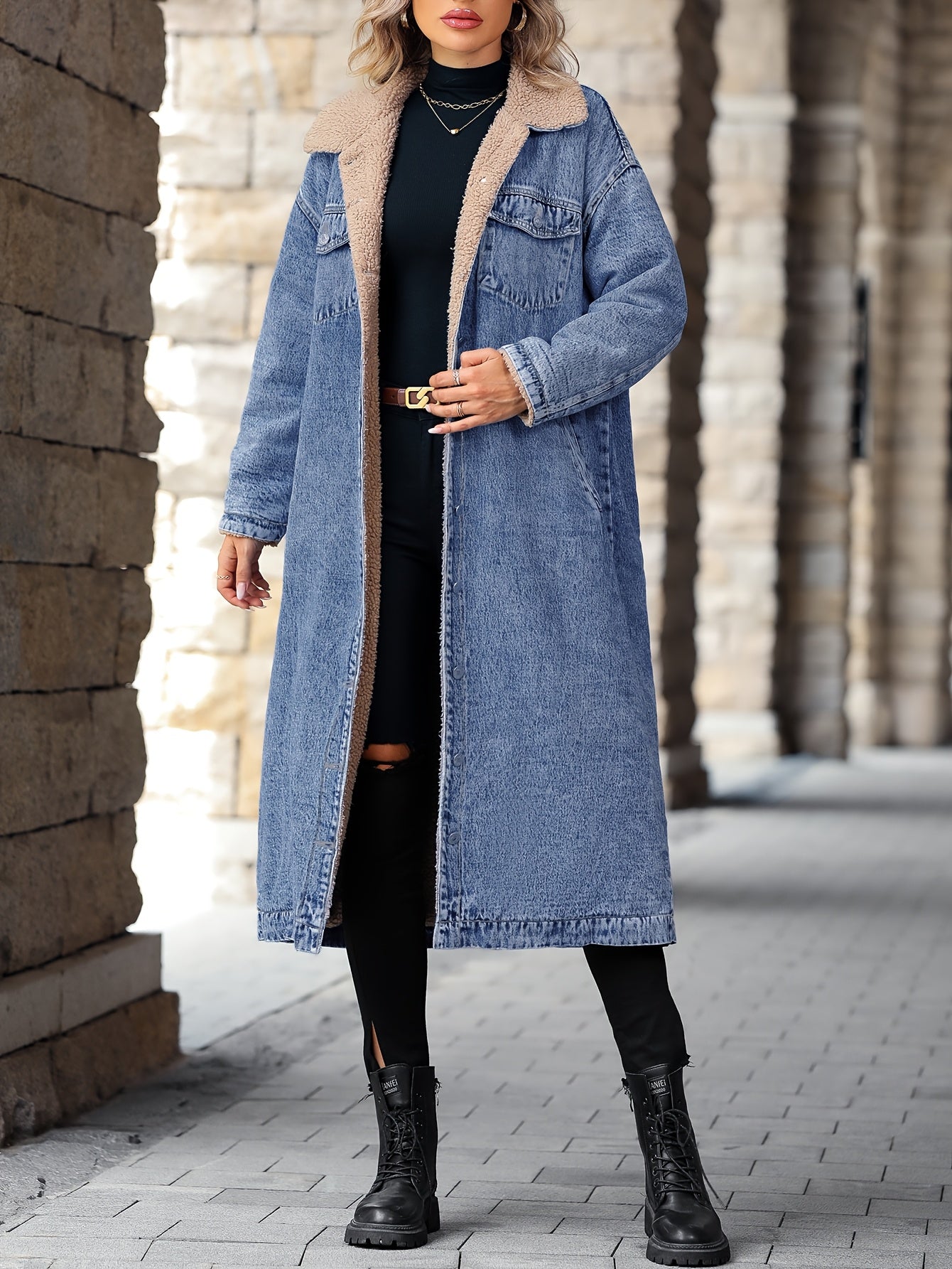 Plus-Size Fleece-Lined Denim Jacket for Women Fall Winter Cozy Warm Woven Solid