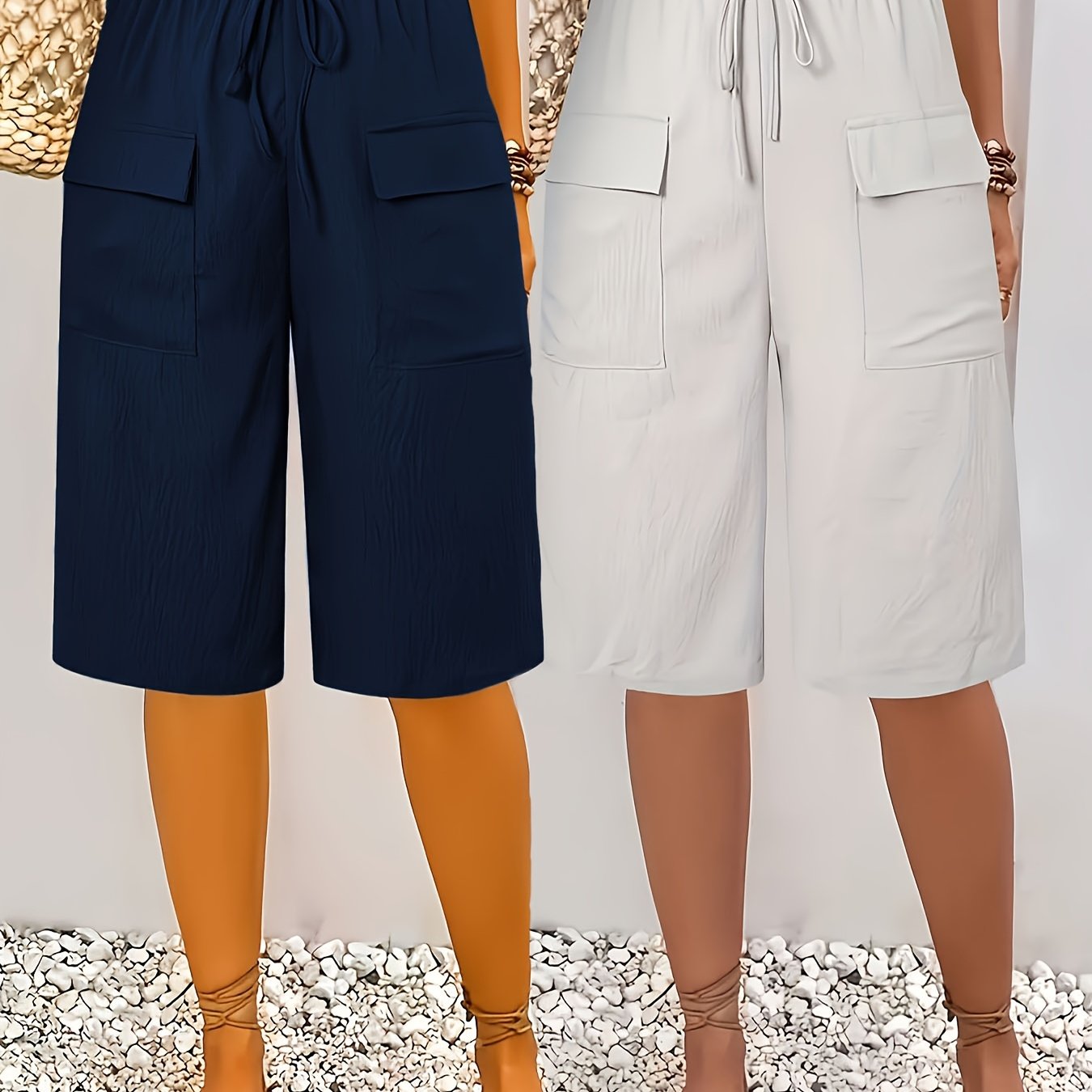 Women's Plus Size Pocket Straight Pants Set Casual Elastic Waist Solid Color