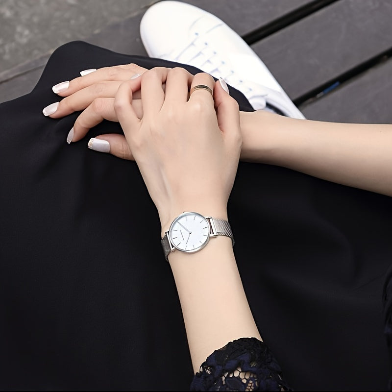 Women's Quartz Watch Stainless Steel Mesh Band Zinc Alloy Case Light Luxury Simple Fashion Wrist Watch