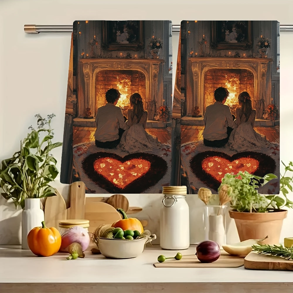 Set of 2 Ultra-Soft Absorbent Kitchen Towels Anime Couple Heart Rug 40x60 cm