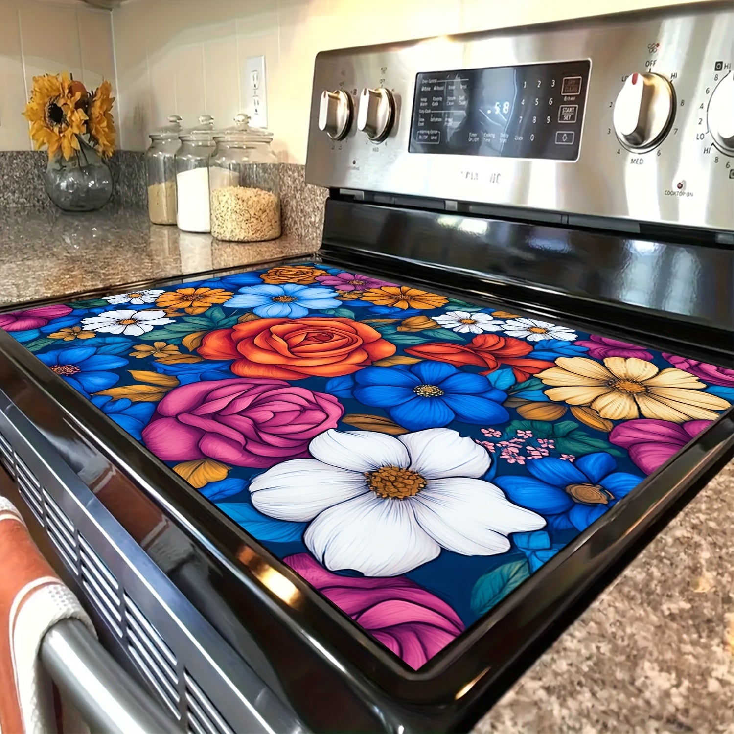 Colorful Floral Rubber Stove Protector Mat 71.88cm x 52.07cm Non-Slip Heat-Resistant
