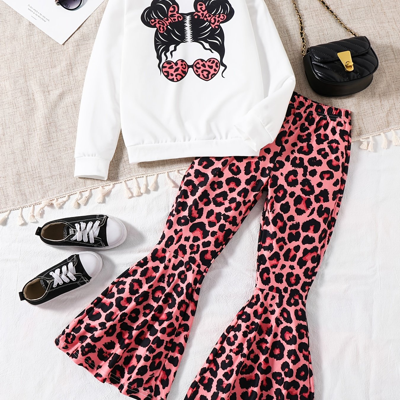 Girls' 2-Piece Outfit Sweatshirt and Leopard Flared Pants with Sunglasses for Spring Fall Kids